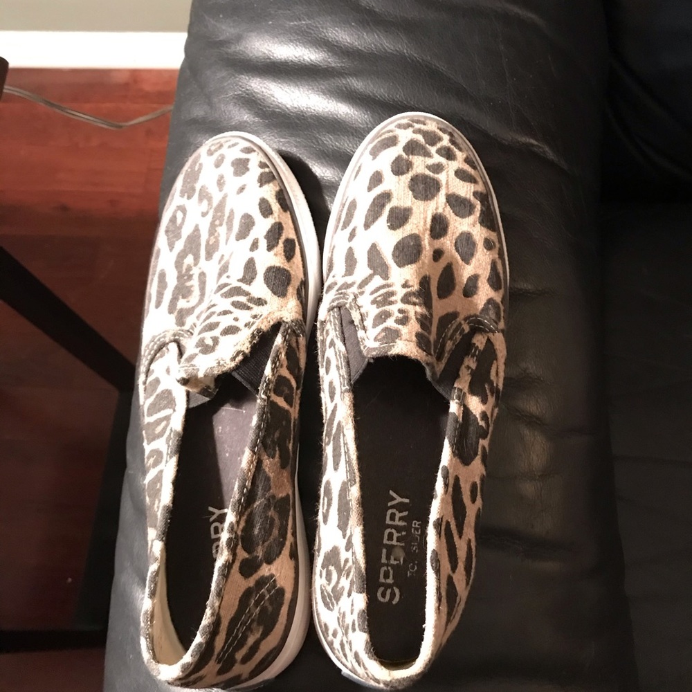 Sperry Canvas leopard slip on sneakers